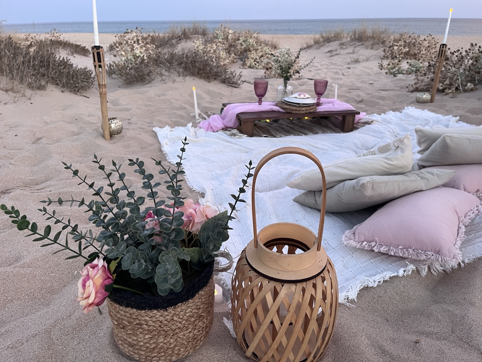Pink and white picnic by the dunes