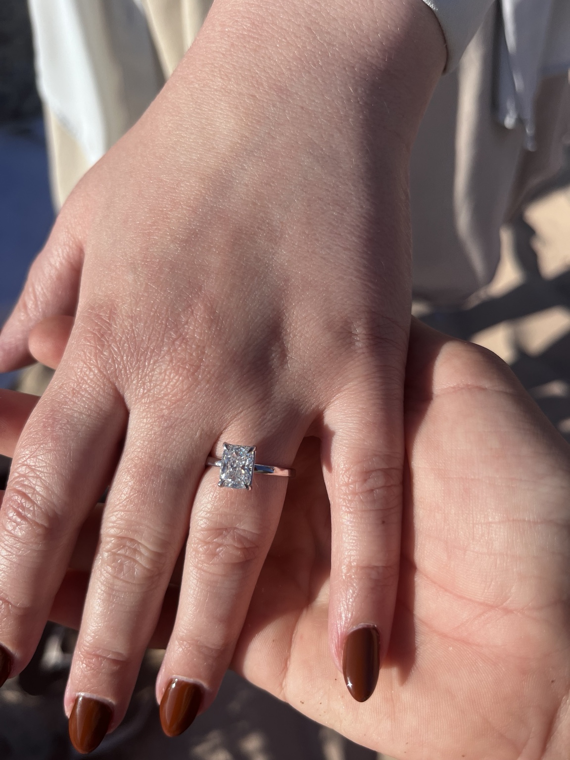 Close view of a new engagement ring on a hand