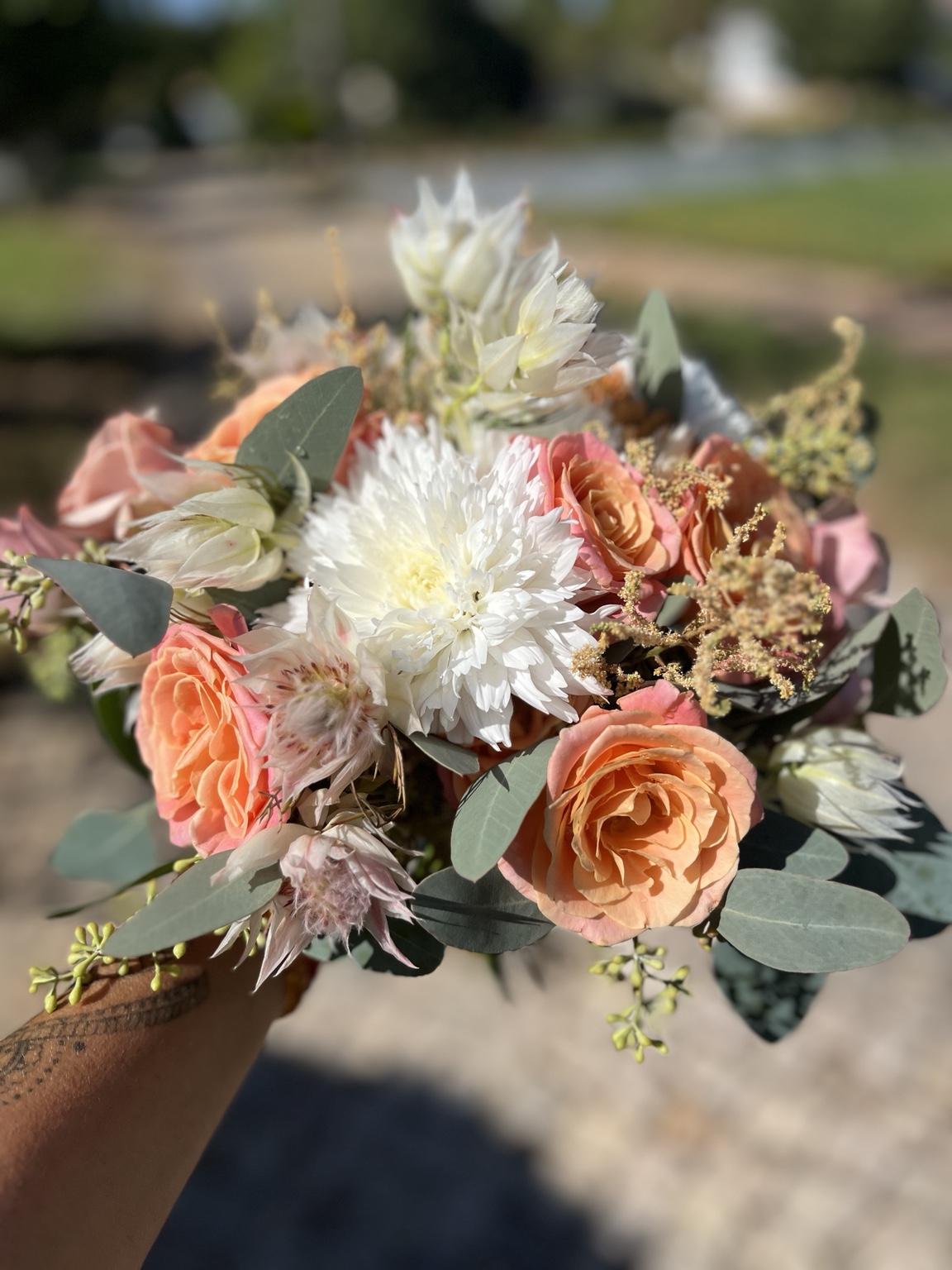 Peach and cream flowers from a celebration